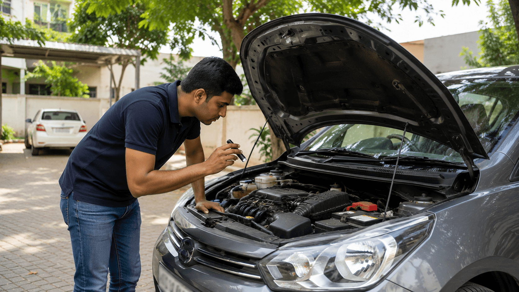 An independent inspector examining a car's engine bay before purchase